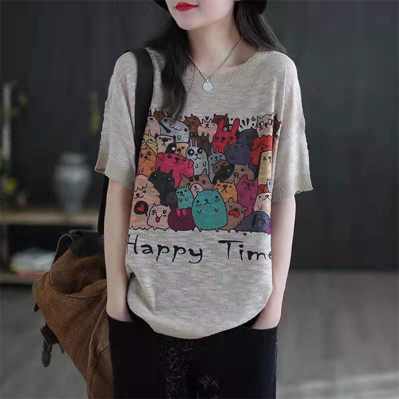 Arrival Summer Korean Style Women Loose Casual Short Sleeve O-neck T Shirt All-matched Cotton Cartoon Print T-shirt W134 210512