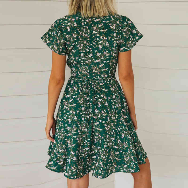 Women V Neck Floral Print Dress Summer Casual Short Sleeve Mini Beach Dress Bandage Wrap Dresses Sundress Vestidos Mujer 210414