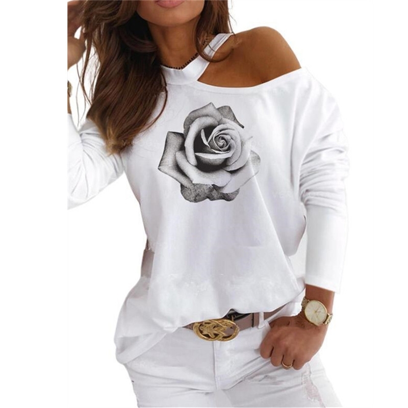 5XL Choker Neck Casual T Shirts Female Cold Shoulder Loose Tees Tops Women Plus Size TShirts Kawaii Love Print Blusa M0101 210406