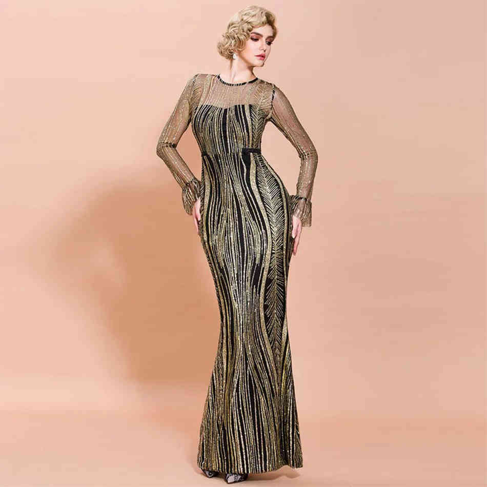 Fashion Women's Summer Dress Sexy Long Sleeve Gold Sequins Lace Maxi Evening Runway Club Party Outfit Lady 210423