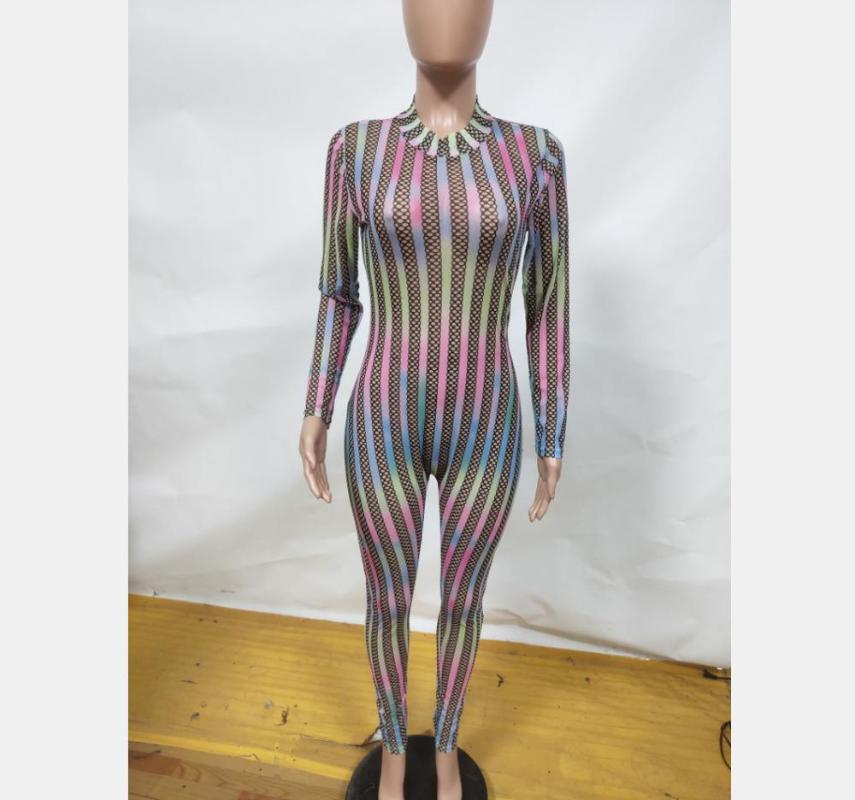 Fahion Striped Jumpsuit Long Playsuit Sheer Mesh Women's Jumpsuits & Rompers