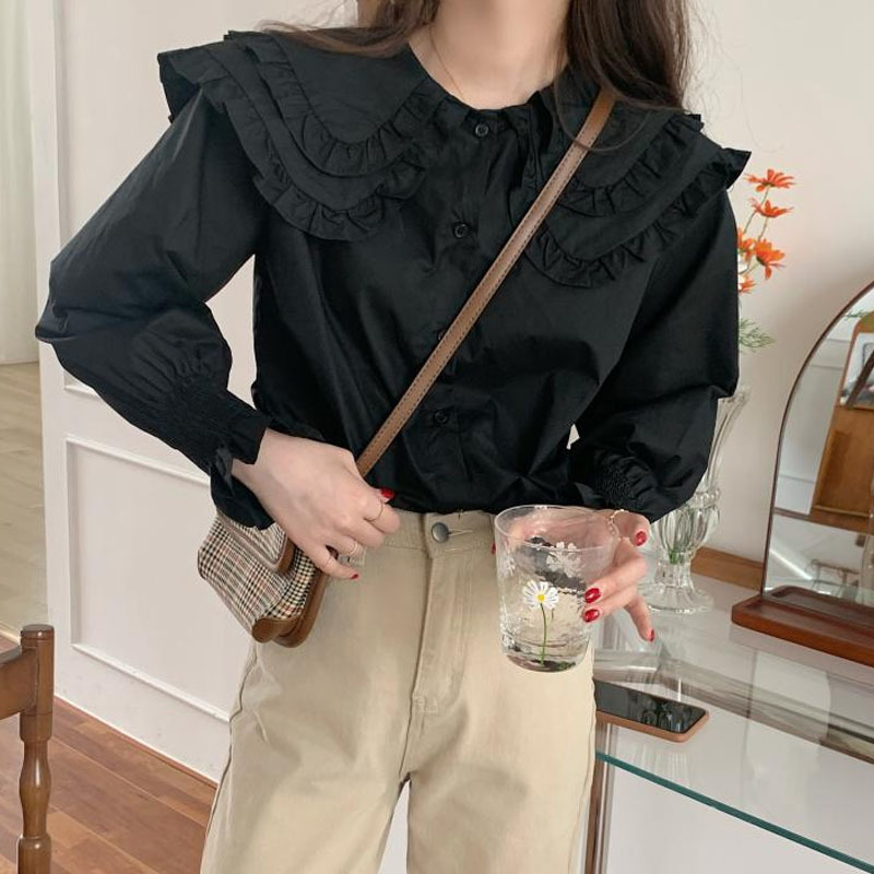 Fashion Long Sleeve White Shirt Women Peter Pan Collar Ruffles Vintage 's Shirts Casual Cotton Blouse Blusa 12392 210427