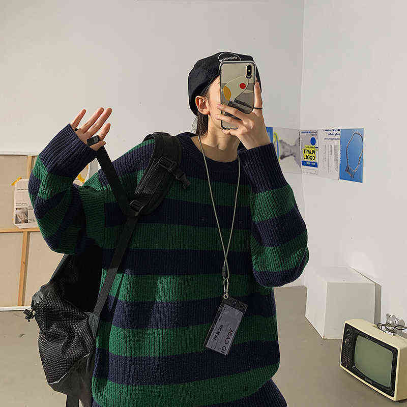LEGIBLE Striped Men Sweaters Autumn Men's Pullovers Harajuku Streetwear Tate Landon Sweater Green Striped Sweater Women 220114