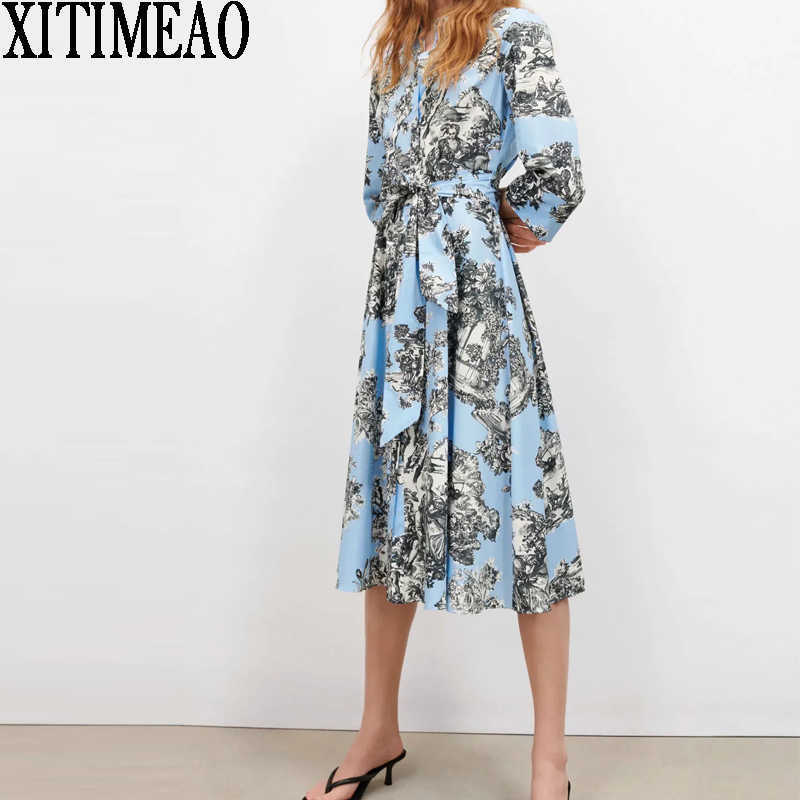ZA Women Dresses Spring Autumn Vintage Print Casual Long Sleeve Shirt Dress Leisure Vacation Skirt With Belt Xitimeao 210604, Blue
ZA Women Dresses Spring Autumn Vintage Print Casual Long Sleeve Shirt Dress Leisure Vacation Skirt With Belt Xitimeao 210604, Blue