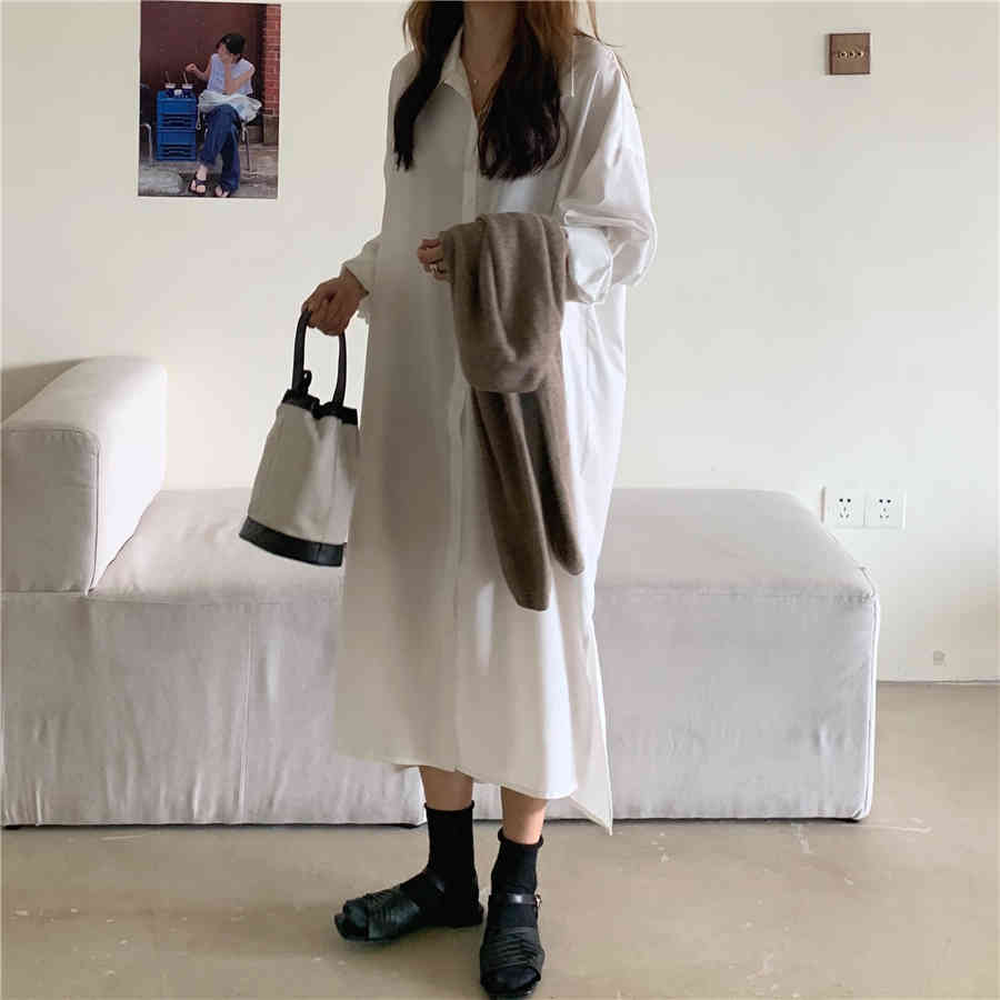 Spring Summer Oversize Striped All Match Mid-length Slit Dress Women Long Sleeve Turn-Down Collar Loose Casual Dresses D12801X 210416