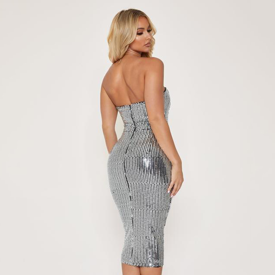 Women'S High Quality Silver Sexy Sequins Open Back Tight Mid-Length Dress Elegant Celebrity Party 210525