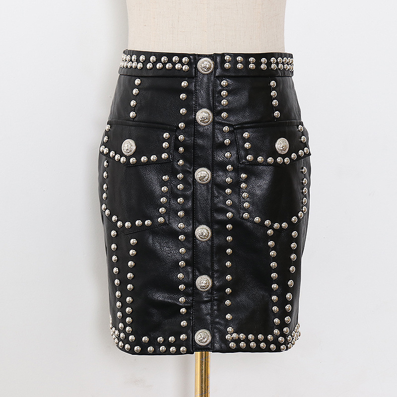 VGH Streetwear Patchwork Button Leather Skirt For Women High Waist Black Punk Style Skirts Female Fashion Clothing Summer 210421