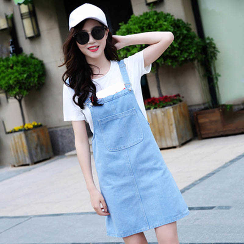 Blue Big Pocket Adjustable Strap Jeans Dress Summer Lady Korean Vest All-match Girl Student Loose A-line Short Denim 210604