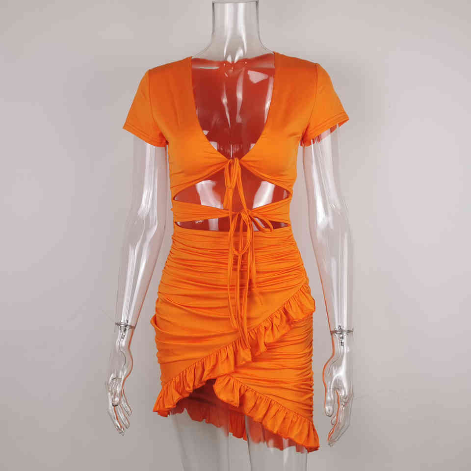 Karlofea New Summer Orange Everyday Wear Mini Dress Sexy High Cut Hollow Out Lace Up Ruched Wrap Dress Chic Ruffles Outfits 210331Z