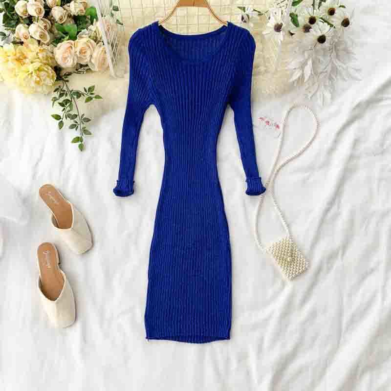 Women Vintage Knit Dress Autumn Long Sleeve O Neck High Elasticity Slim Bodycon Dress Casual Ladies Solid Sweater Vestidos 210521