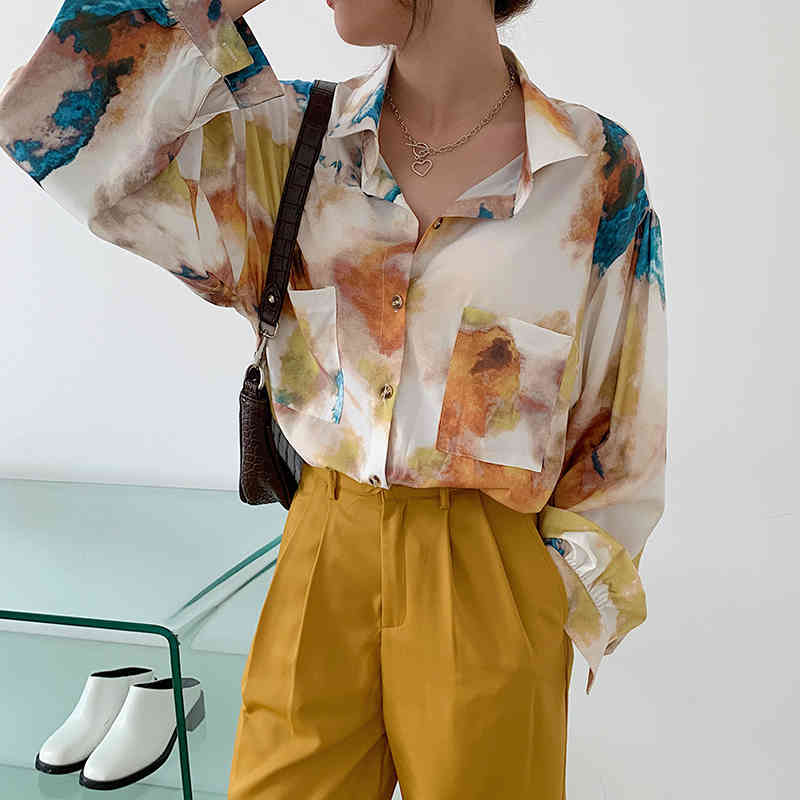 Autumn Oversized Shirt Long Sleeve Blouse Women Button Up Oil Painting Loose Top Korean Fashion Clothing 210427