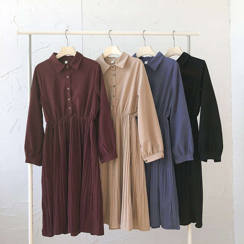 Kimutomo Fashion Two Piece Set Women Spring Style Vintage Jacquard Knitted Vest ladies Turn-down Collar Pleated Dress 210521