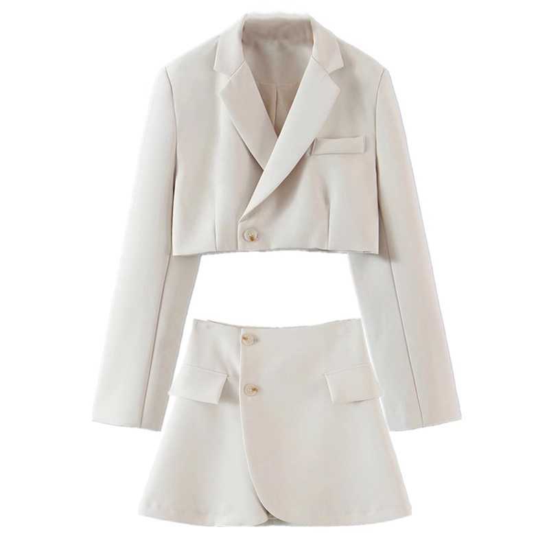 Sexy One Button Short Women Blazer Cropped High Waist Irregular Cross Slit Mini Skirt Long Sleeve Suits 2 Pieces Set Vintage 210708