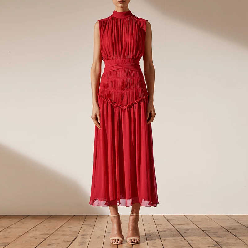 VGH Chiffon Ruched Dress For Women Stand Collar Sleeveless High Waist Maxi Dresses Female Summer Fashion Clothing 210623