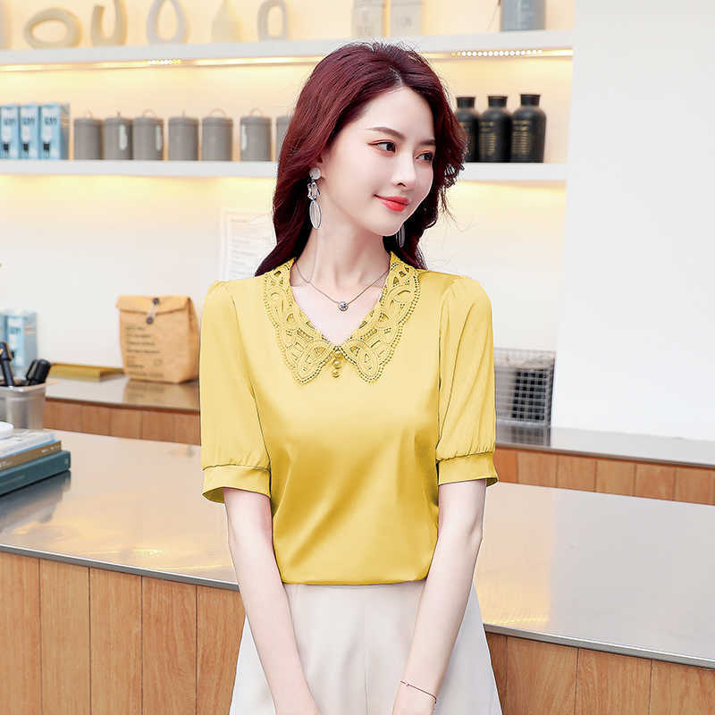 Korean Silk Women Blouses Shirt Satin Lace Tops Plus Size Woman Puff Sleeve Blouse Top Blusas Femininas Elegante 3XL 210531