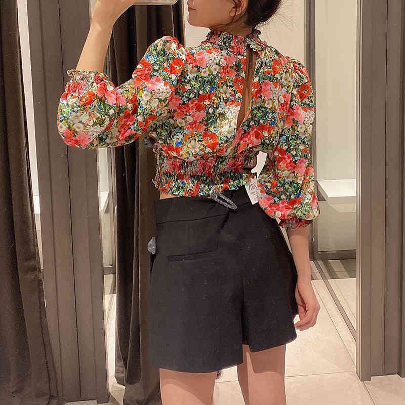 Boho Floral Print Womens Tops And Blouses Puff Sleeve Hollow Out Shirt Elastic Waist Holiday Blouse Top Camisas Mujer 210515