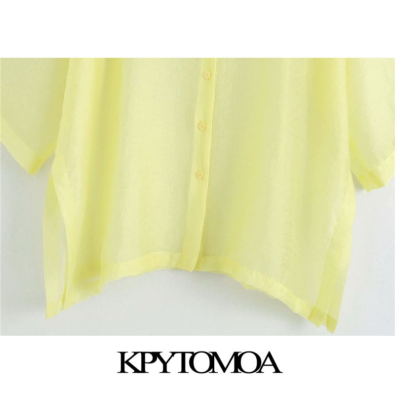 Women Sexy Fashion See Through Organza Loose Blouses Side Vents Button-up Female Shirts Chic Tops 210420