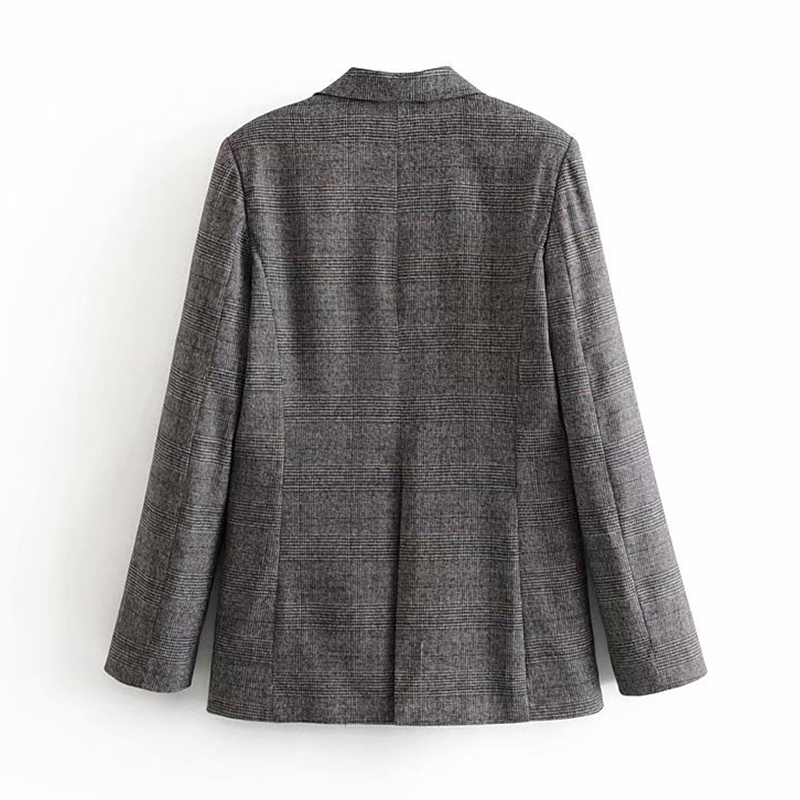 Vintage Double Breasted Women Plaid Blazers Suit Pockets Notched Collar Retro Coat Long Sleeve Lattice Office Jacket Outerwaer 210515