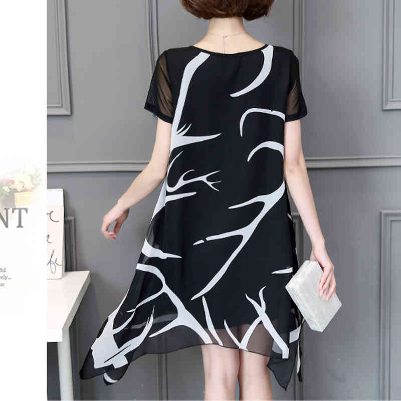 Fashion Plus Size 5XL Women Dress Casual Loose Print Stripe Chiffon Dress Black O-neck A-line Dress Women's Clothing 62B 30 210409