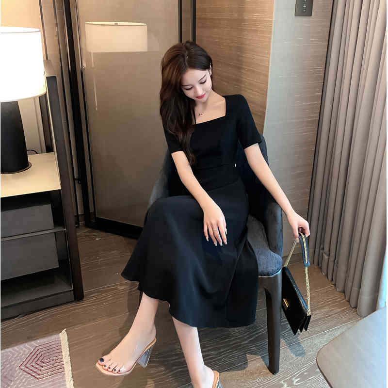 Summer Women Elegant Hollow Out Waist Belted Dress Female Casual Vintage Slim Square Collar Midi Temperament 210506