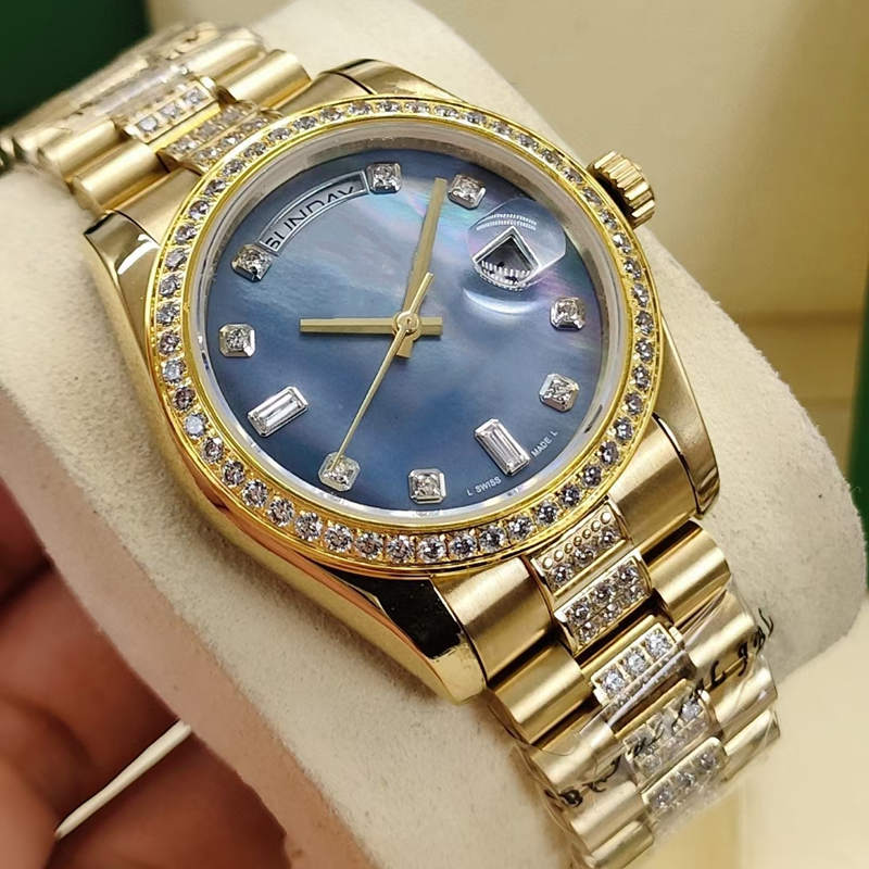 Ladies automatic mechanical watch waterproof Sapphire face 36mm week date diamond ring stainless steel middle row with diamond fold buckle, Camel
Ladies automatic mechanical watch waterproof Sapphire face 36mm week date diamond ring stainless steel middle row with diamond fold buckle, Camel