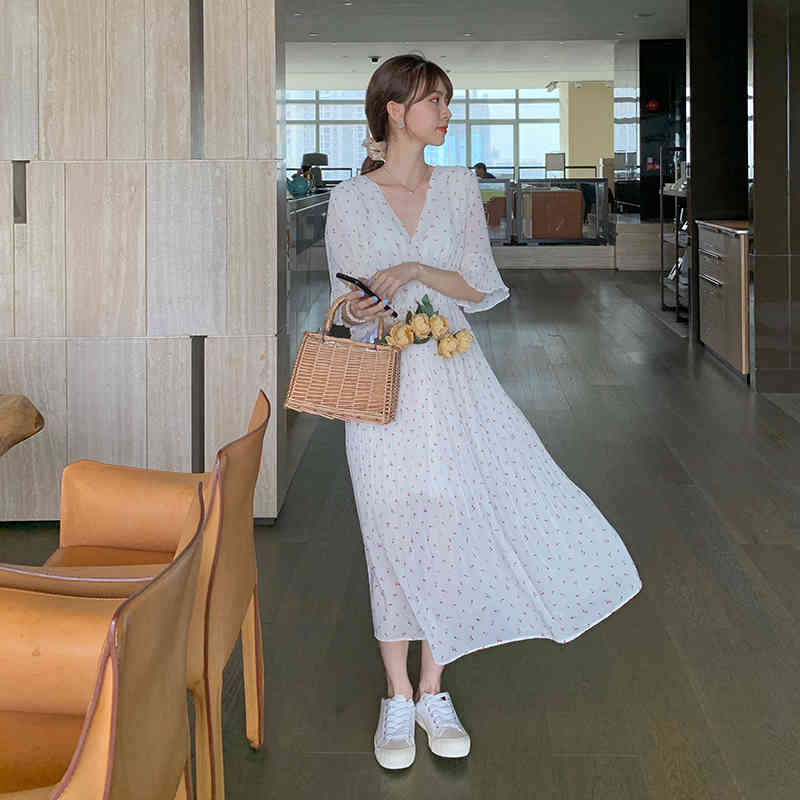 Elegant Pleated Women Dress Summer Floral Print V-neck Flare Sleeve Midi Female Slim Waist Party Vestidos 210429
