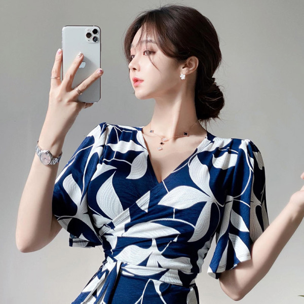 Summer Women Elegant Wrap Party Dress Floral Print V-Neck Short Sleeve Casual Slim Holiday beach Midi Robe 210519