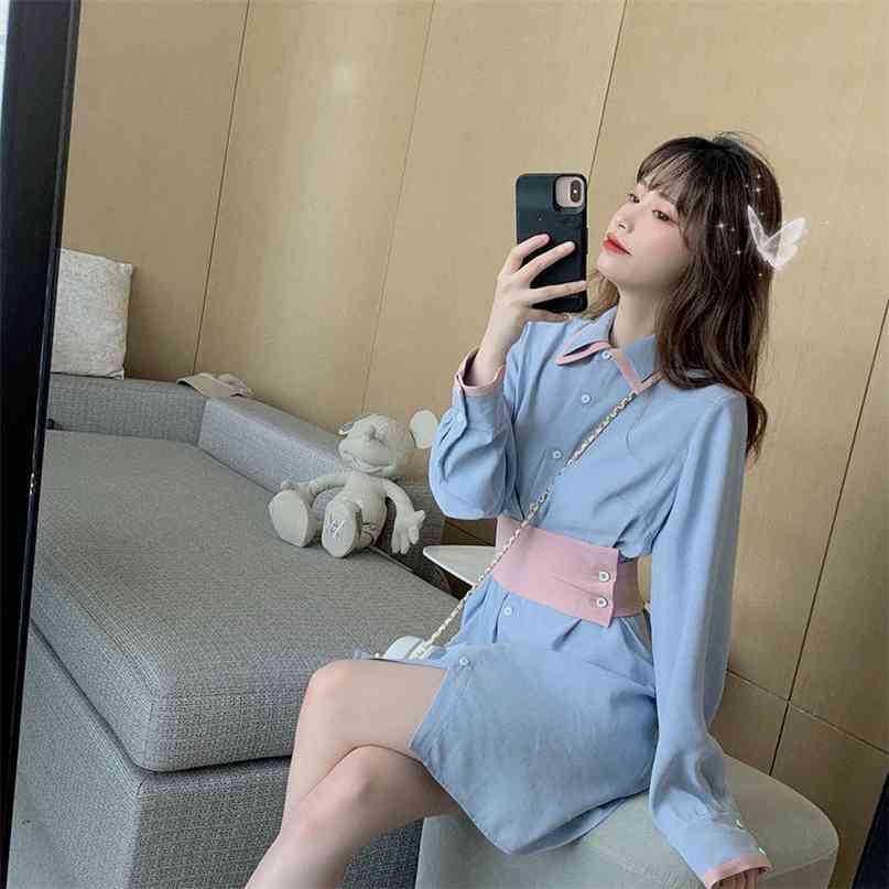 Women's Sprint Autumn Fashion Korean Academy Waist Thin Shirt Dress Lady Vintage Long Sleeve Vestidos De Mujer R206 210527