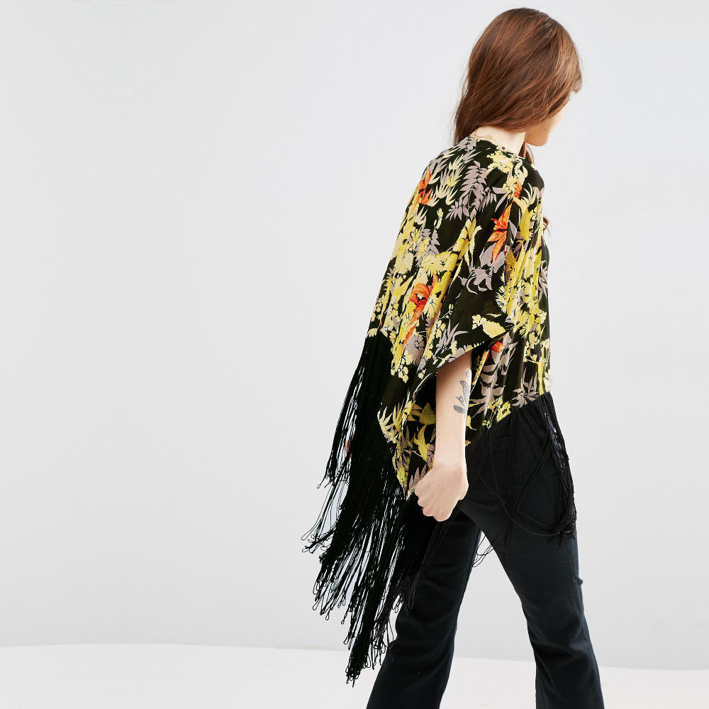 Boho Floral Printed Fringed Chiffon Bikini Cover-ups Plus Size Beach Wear Kimono Dress Women Summer Swimsuit Cover Up A799 210420