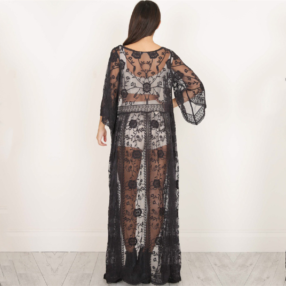 Tunics for beach Long Lace Beach Dress Women Swim Cover up Plus size Saida de Praia Robe Plage Kaftan #Q893 210420