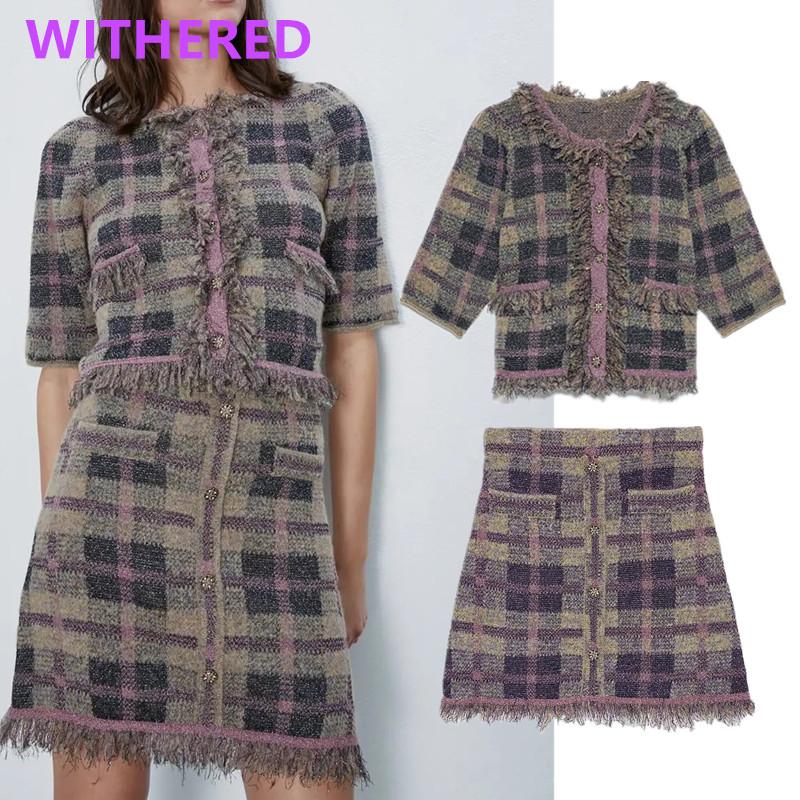 Withered England Office Lady Vintage Knitted Cardigans Jackets Skirt Women Faldas Mujer Moda 2021 Skirts Womens Two Pieces Set Piece Dress