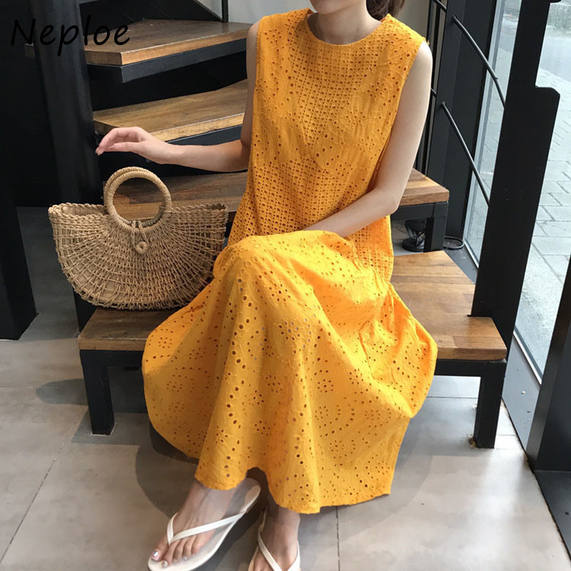 Chic French Retro Ladies Dress Round Neck Sleeveless Hollow Loose Dresses Women Summer Fashion Vestidos 1F468 210422Z