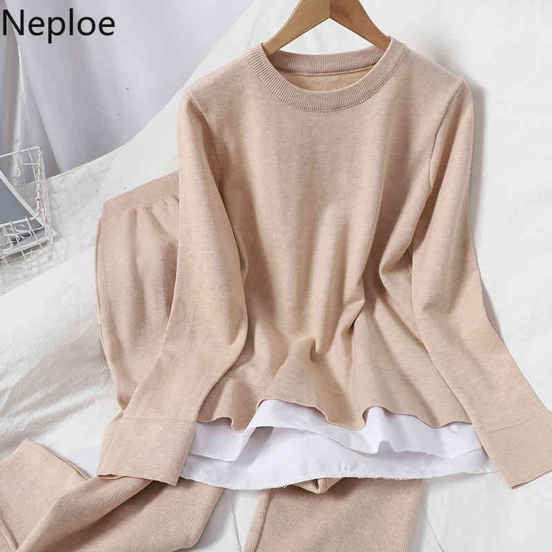 Neploe 2 Piece Outfits for Women Pants and Top Knitted Casual Suit Tracksuit Temperament Fall Clothes Female Two Piece Set 4G024 210422