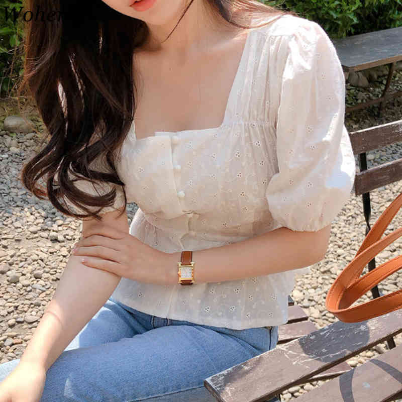 Blouses Women Puff Sleeve Square Collar Shirts Summer Vintage Blusas Mujer Elegant Slim Fashion Sweet White Lace Tops 210519