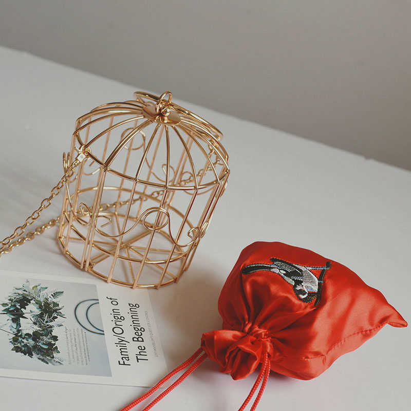 Women's Birdcage Evening Bag Clutch Metal Frame Embroidery Bucket Bird Cage Mini Purse Women Gold Tassel Handbag 211025