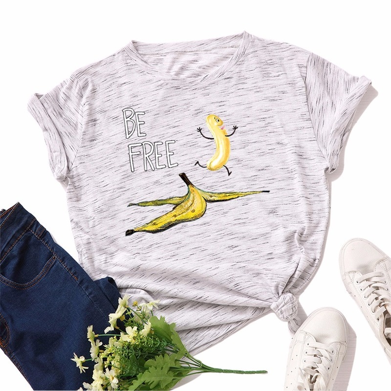 JCGO Summer Cotton Women T Shirt S-5XL Plus Size Short Sleeve Funny Free Banana Print Tee Shirt Tops Casual O-Neck Female TShirt 210406
