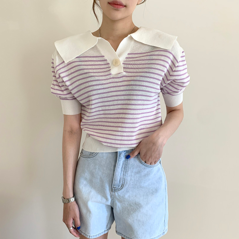 Summer Striped Knitted Tshirt Tops Women Short Sleeve Sailor Collar Casual Fashion Tees Pullover Korean Ladies T-shirt 210514
