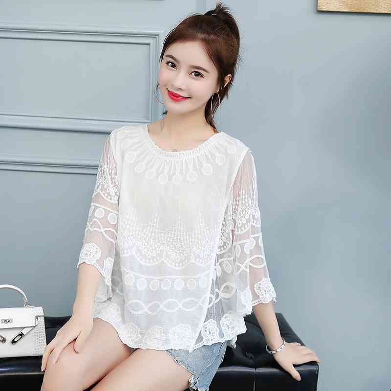 Summer Blouse Women Blusas Mujer De Moda O-neck Embroidery Chiffon Blouse Shirt Women Tops Womens Tops And Blouses C926 210602