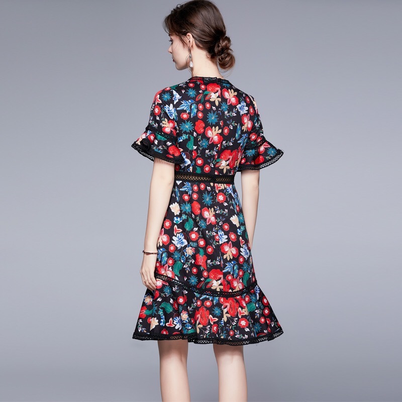 elegant floral printed patchwork hollow out high waist flare short sleeve o-neck summermermaid knee length dresses women 210421