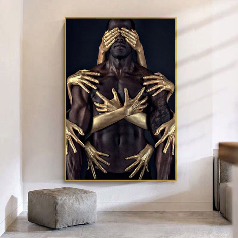 African Art Black Gold Nude Man Canvas Painting Modern Wall Art Posters and Prints Canvas Pictures for Living Room Wall Decor