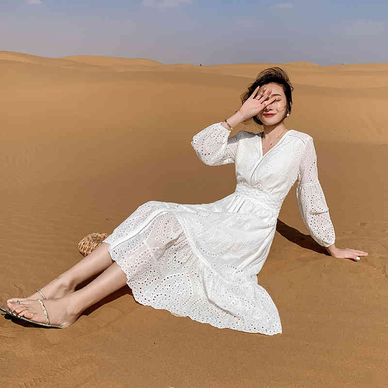 Autumn Vintage Women Full Sleeve White Lace Long Dresses Vocation Holiday Clothes Vestido Da Festa 210520