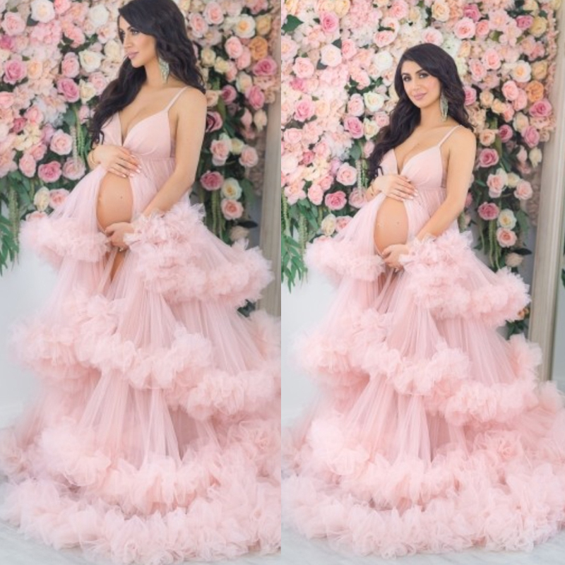 Sexy Pink Maternity Gown Tulle Floor Length Dresses V Neck Train Photo Shoot Pregant Women Party Prom Gowns