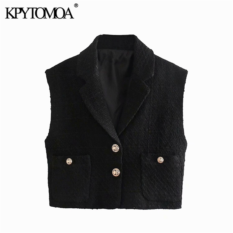 Women Fashion With Metal Buttons Tweed Cropped Waistcoat Sleeveless Elastic Hem Female Vest Coat Chic Tops 210420