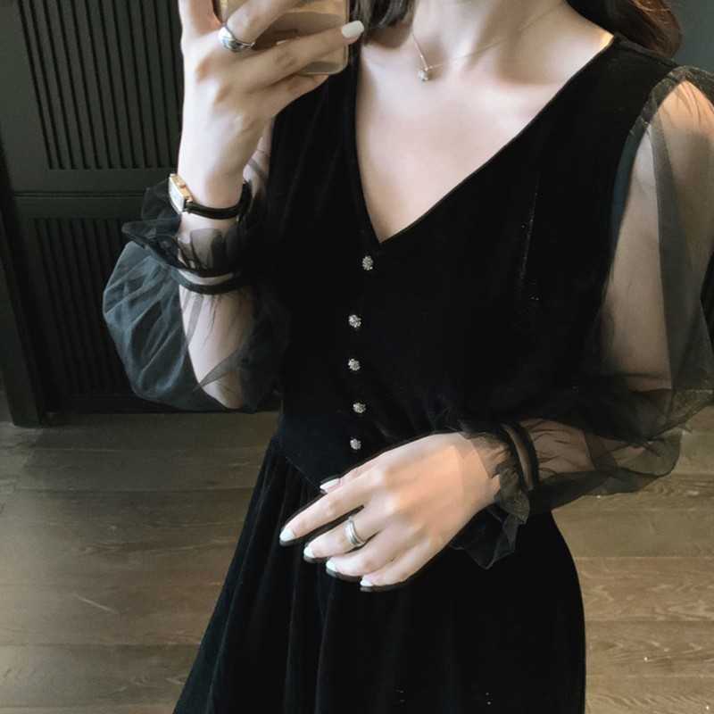 Yedinas Women Elegant Gothic Black Dress Long Lantern Mesh Sleeve Sexy V-neck Party Dresses Ladies Vestidos Mujer Autumn Spring 210527