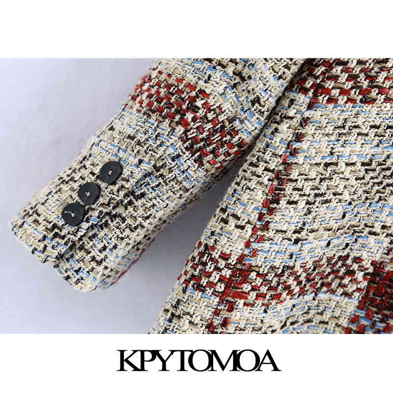 Women Fashion Double Breasted Check Tweed Blazer Coat Long Sleeve Pockets Female Outerwear Chic Tops 210420