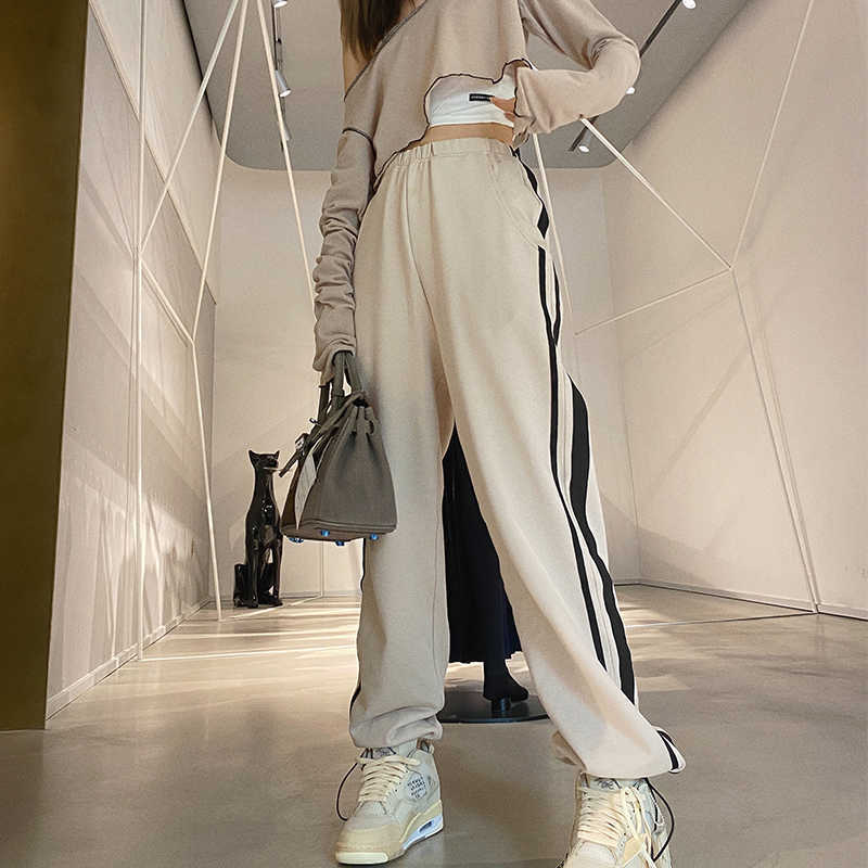 Women Baggy Joggers Female Elastic Wasit Side Stripe Loose Casual Sweatpants Bound Feet Pants Autumn Winter 210602