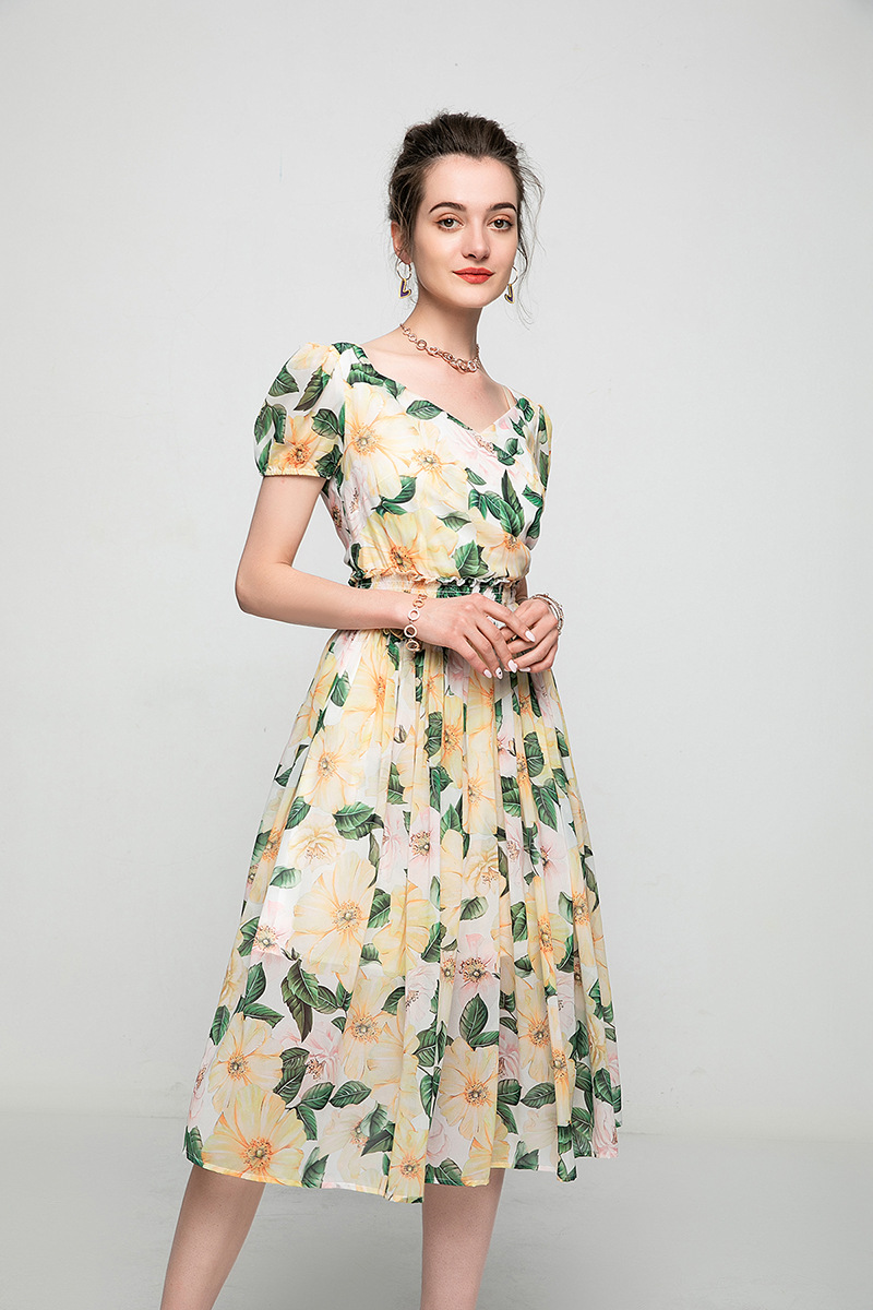 Women's Runway Dresses V Neck Short Sleeves Floarl Printed Elastic Waist Fashion Casual Mid Dress Vestidos