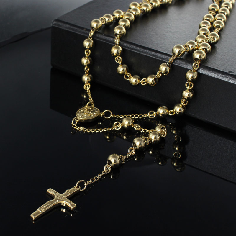 Gold 4mm/6mm /8mm Stainless Steel Long Rosary Bead Chain Jesus Cross Catholic Crucifix Necklace 28''+6''/30''+6'�