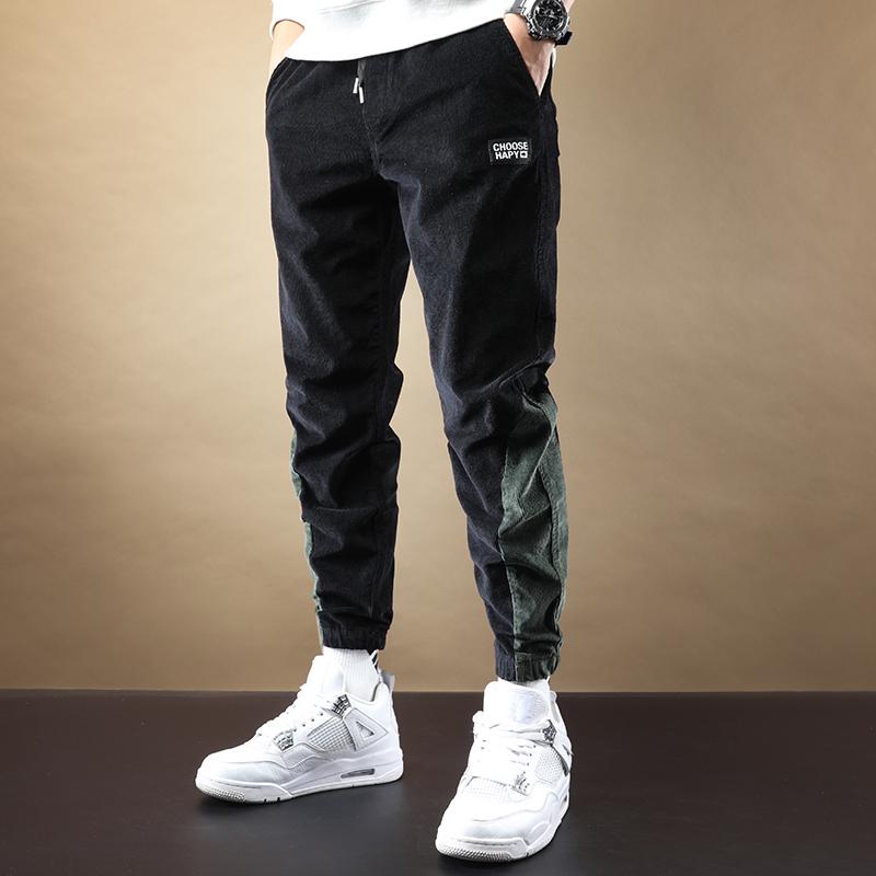 Corduroy Pants Men Fashion Patchwork Loose Joggers Black Elastic Waist Drawstring Trousers Men's