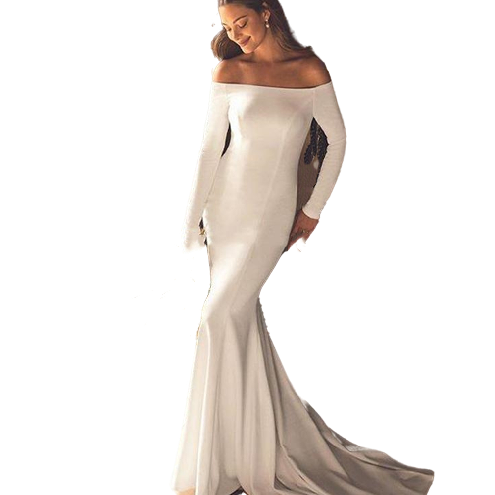 2021 Elegant Off Shoulder Mermaid Wedding Dresses Bride Dress Long Sleeves Backless Simple Satin Bridal Gowns Boho Train Vestido de noiva